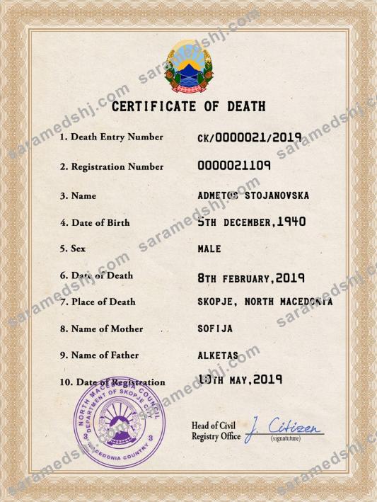 North Macedonia vital record death certificate PSD template